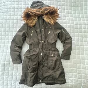 DKNY Jacket Girls Medium Olive Green Faux Fur Hooded Parka Outdoor Retro Grunge